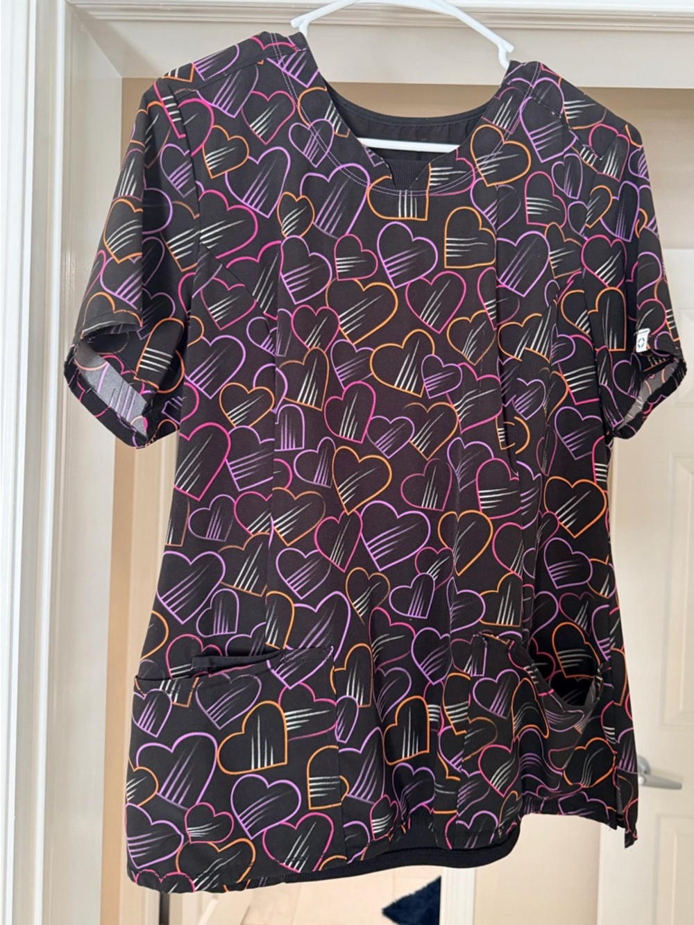 Women’s Black Heart-Print Scrub Top - Purple & Orange Hearts